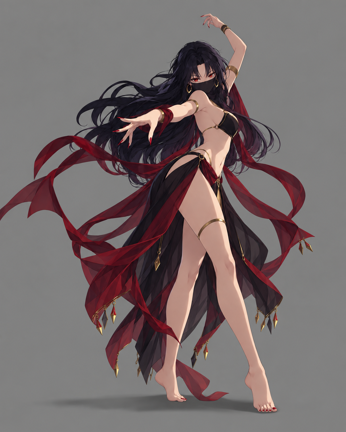 Anima in a flowing red-and-black costume with gold ornaments, one arm raised and the other reaching forward