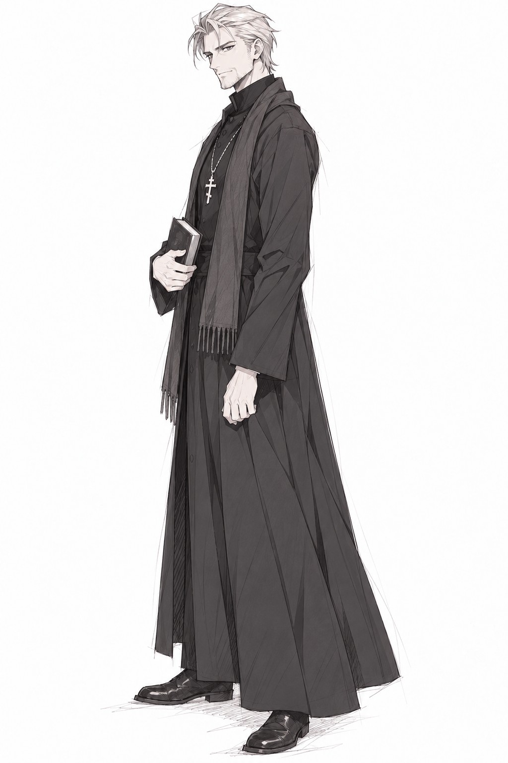 Father Mikhail with swept-back silver hair, short stubble, a black cassock, long scarf, Orthodox cross and a closed book.