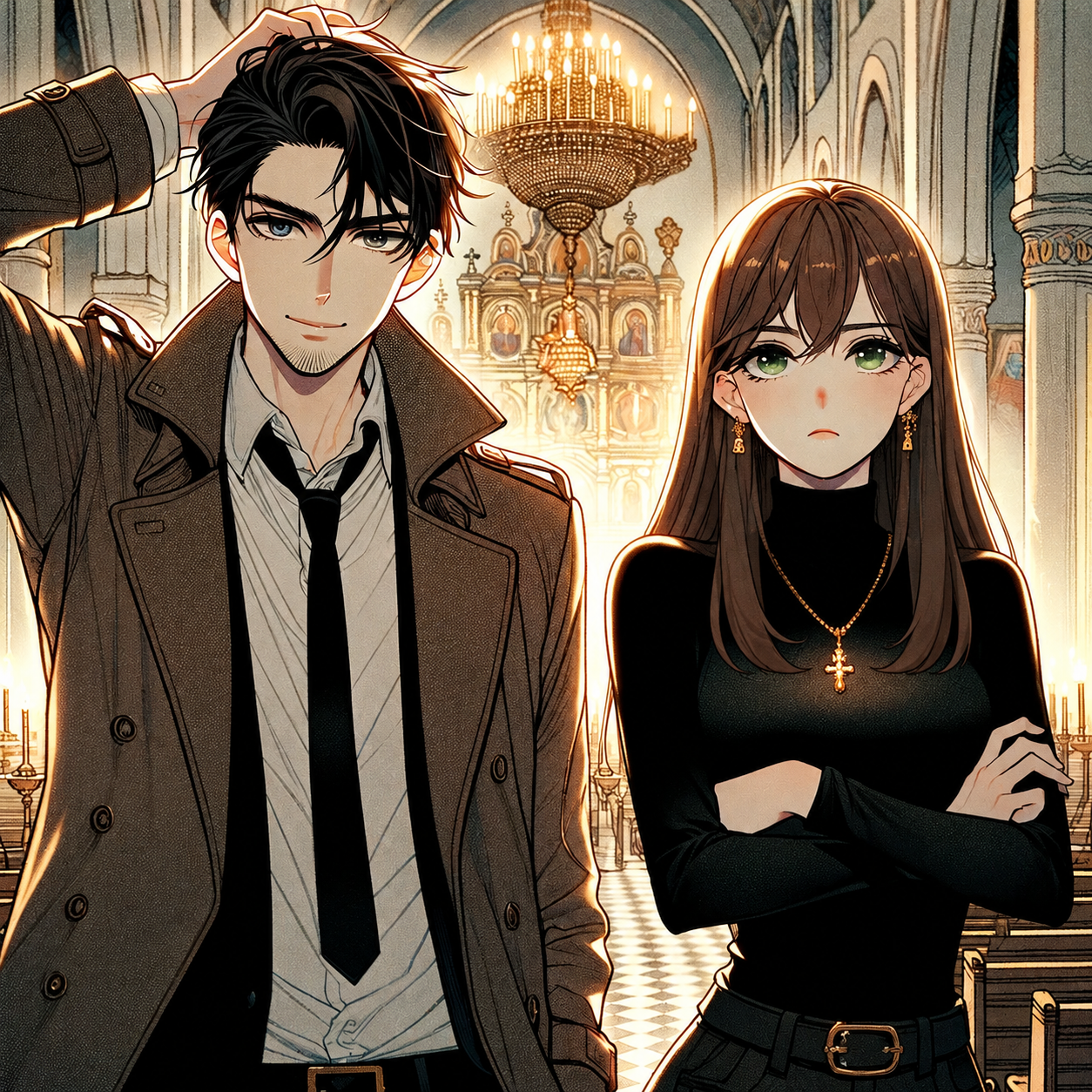 Hiyu in a brown coat and loosened tie, with a hand in his hair, beside Yulia in a black turtleneck with folded arms and a gold cross necklace, inside a candlelit church.