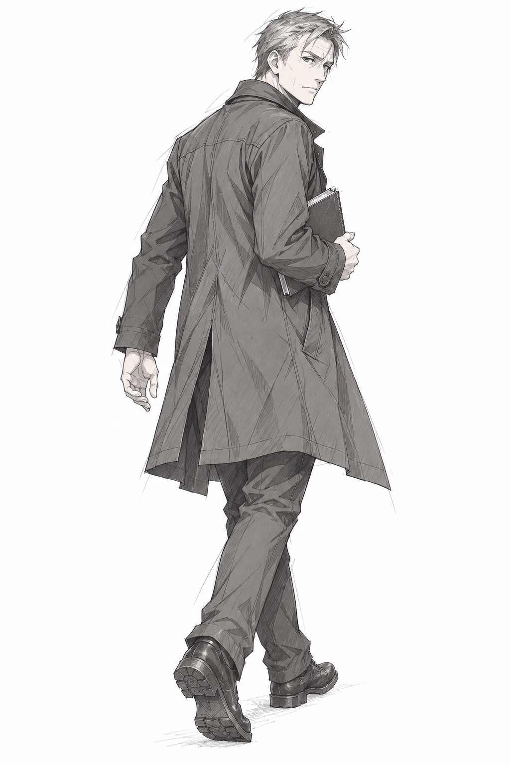 Inspector Leo looking over his shoulder as he walks in a long raincoat, with a notebook tucked under his arm.