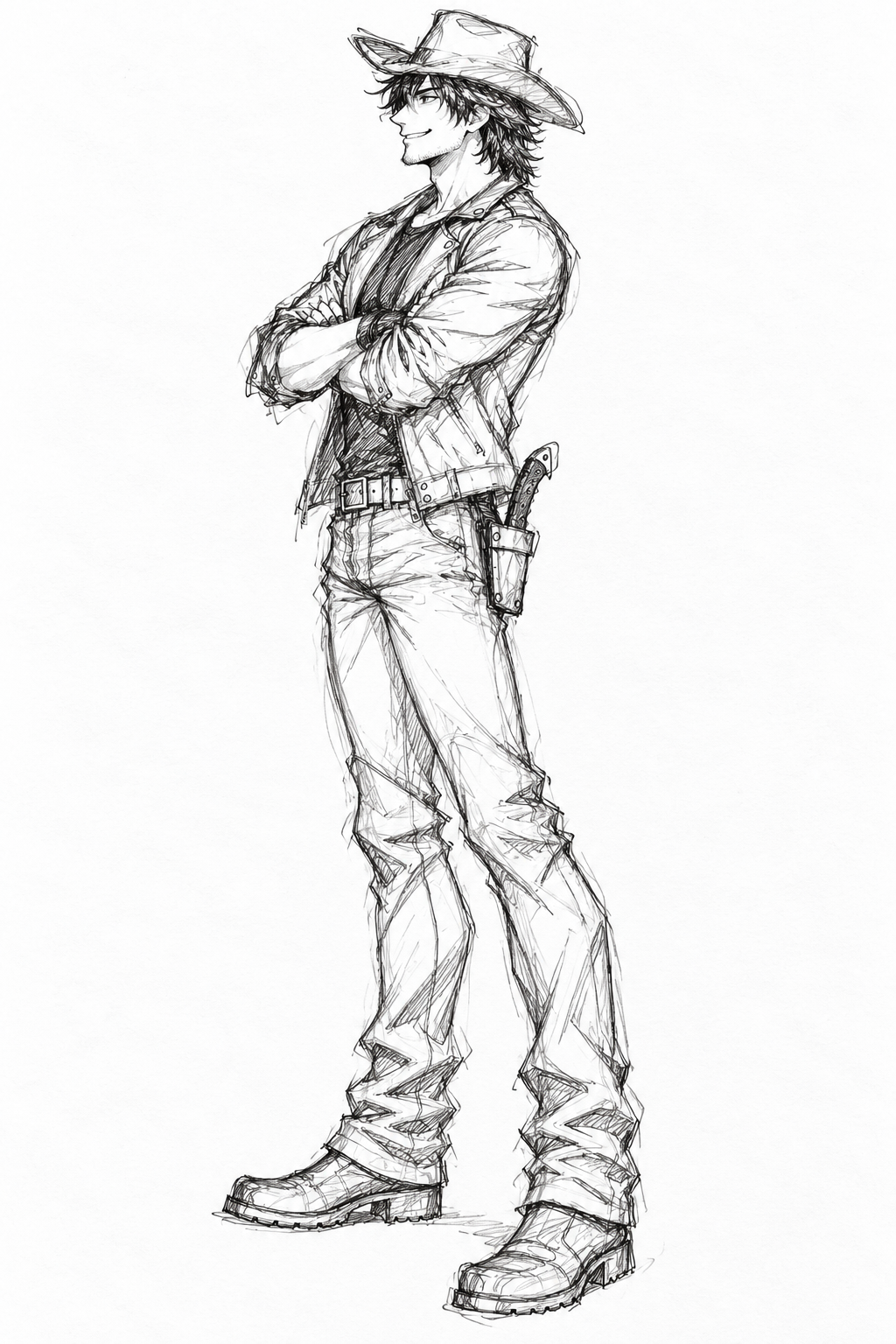 Rough pen-and-pencil sketch of Lester in side profile with crossed arms, cowboy hat, short jacket, heavy boots and a sheathed hatchet at his hip.