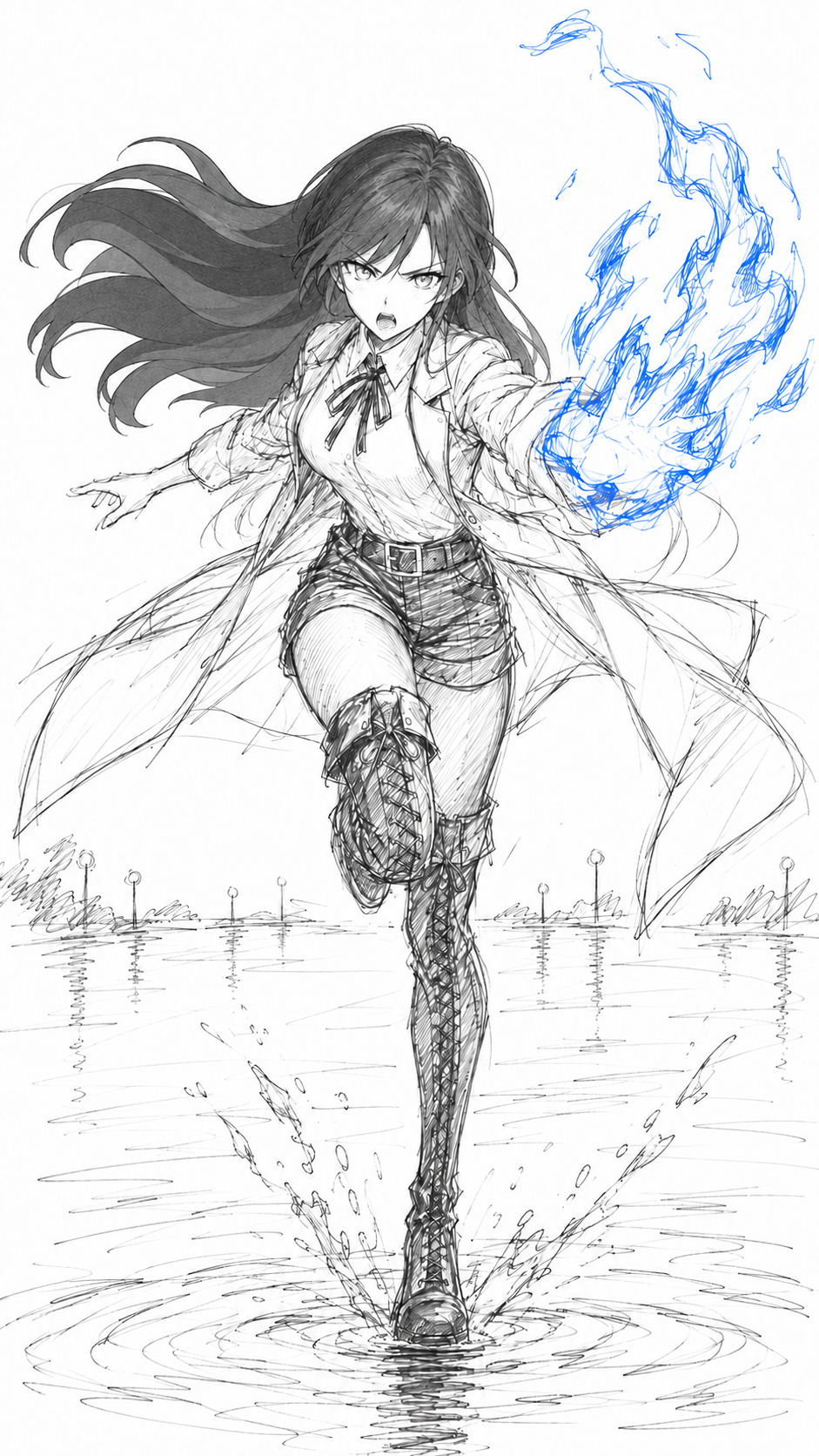 Lynleit in Arc 1, running across water with blue flame in her outstretched hand, in a rough pen sketch