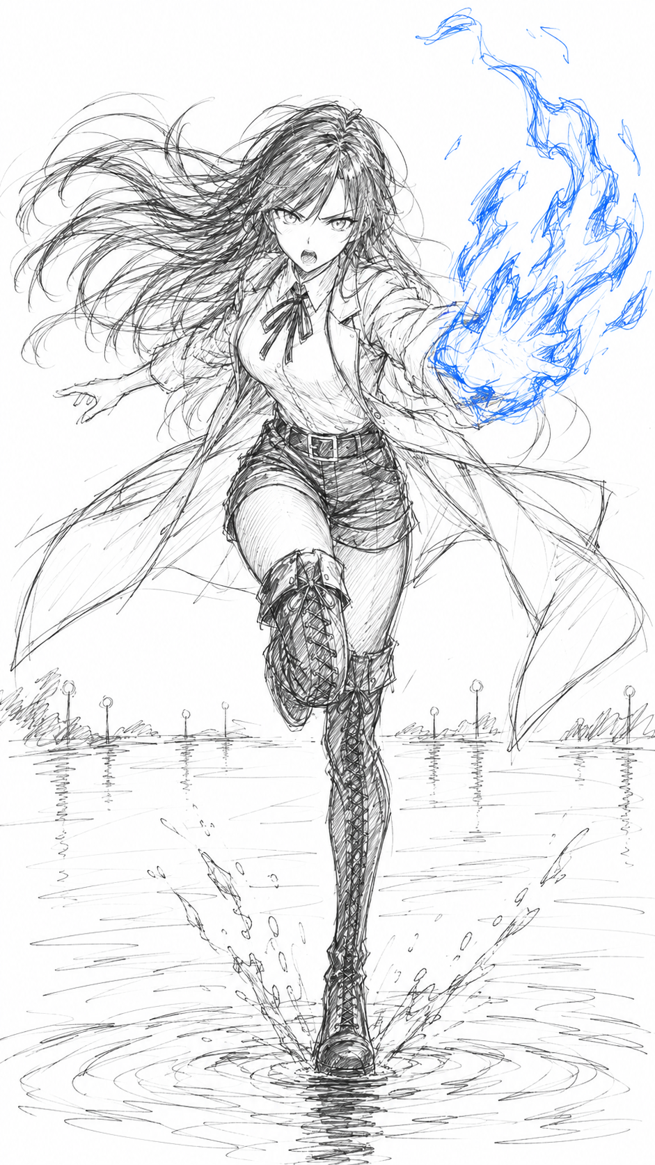 Lynleit in Arc 1, running across water with blue flame in her outstretched hand, in a rough pen sketch