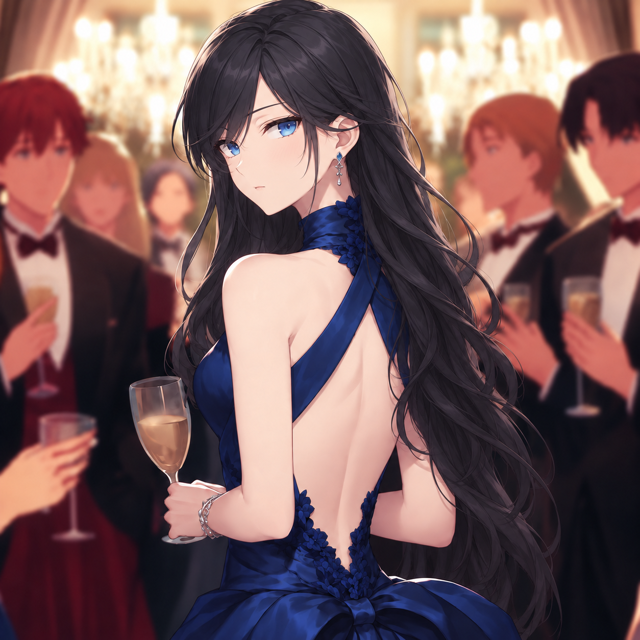 Lynleit in Arc 1, looking over her shoulder in a blue evening gown at the Prosecutor General's appointment dinner.