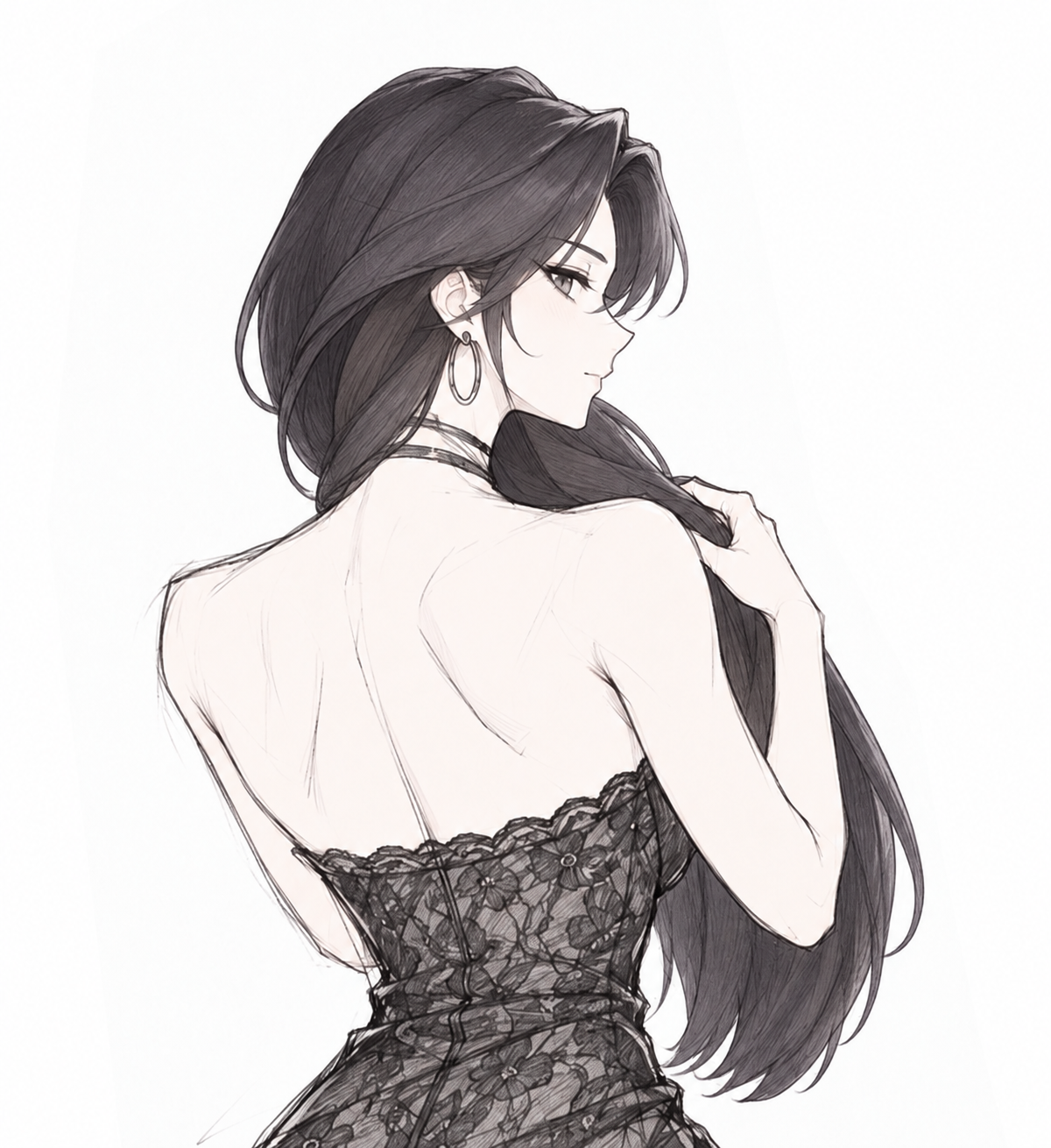 Pencil study of Lynleit looking over her shoulder in strapless black lace, holding her long hair to one side.