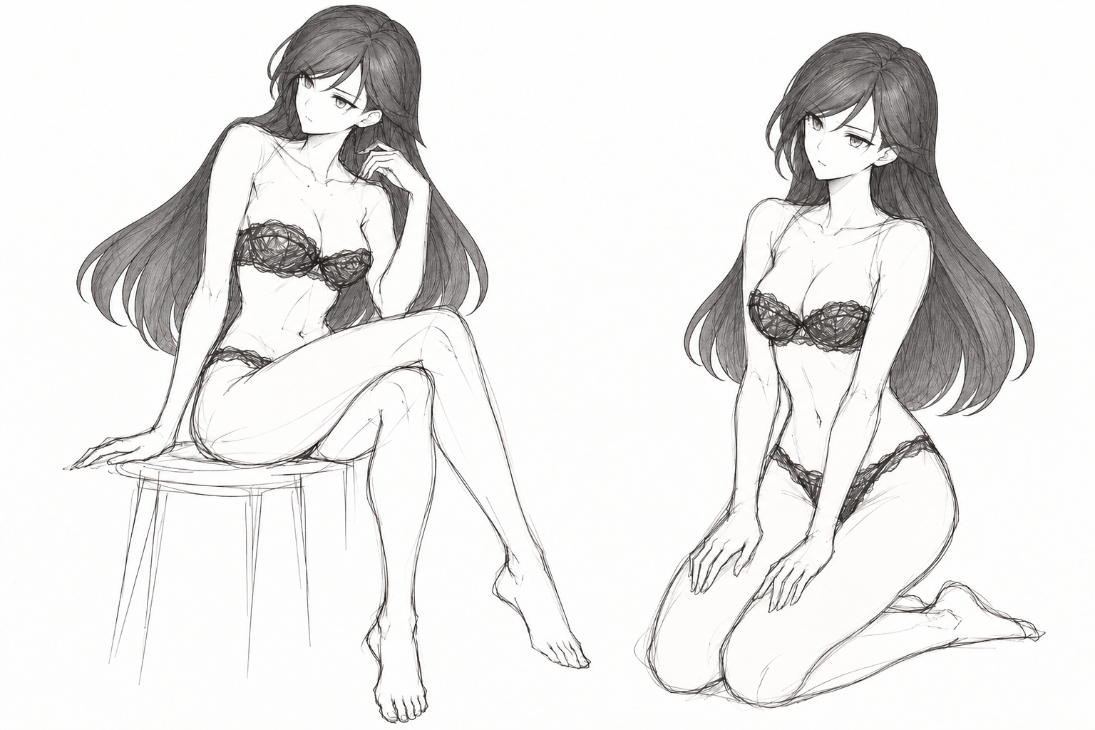 Pencil sheet showing Lynleit seated on a stool and kneeling in a strapless black lace lingerie set.