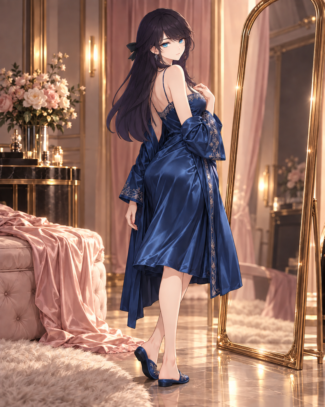 Lynleit poses beside a tall mirror in a blue satin slip and embroidered robe.