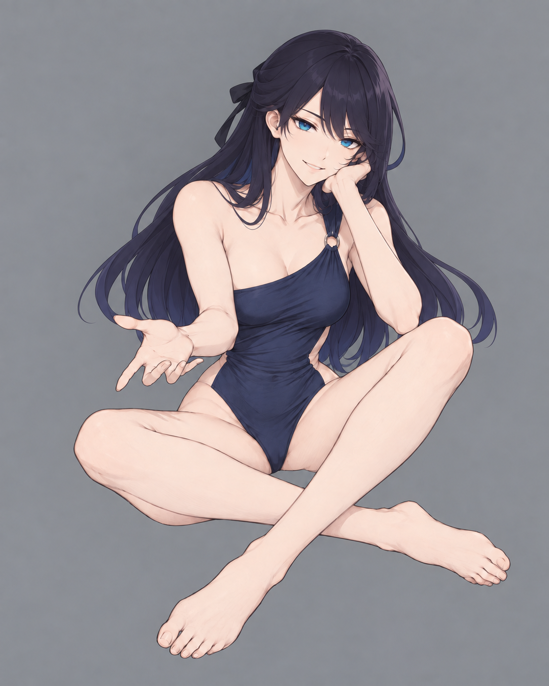 Lynleit sits cross-legged in a navy one-shoulder swimsuit against a grey background.