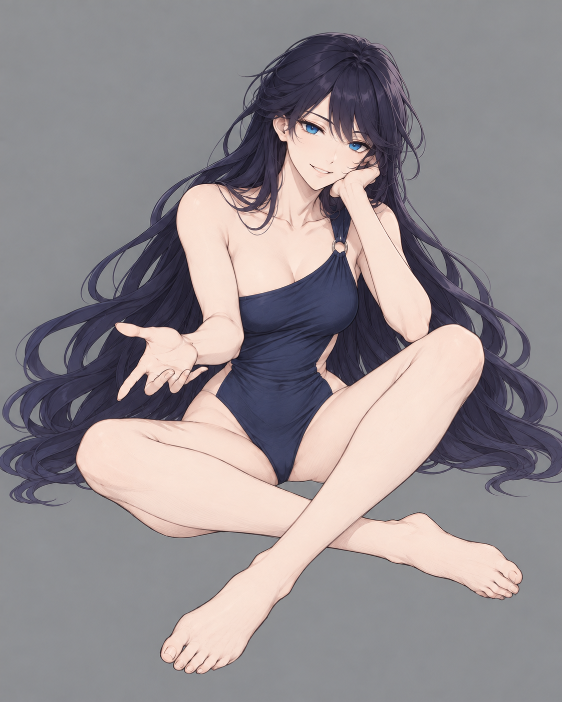 Lynleit sits cross-legged in a navy one-shoulder swimsuit against a grey background.