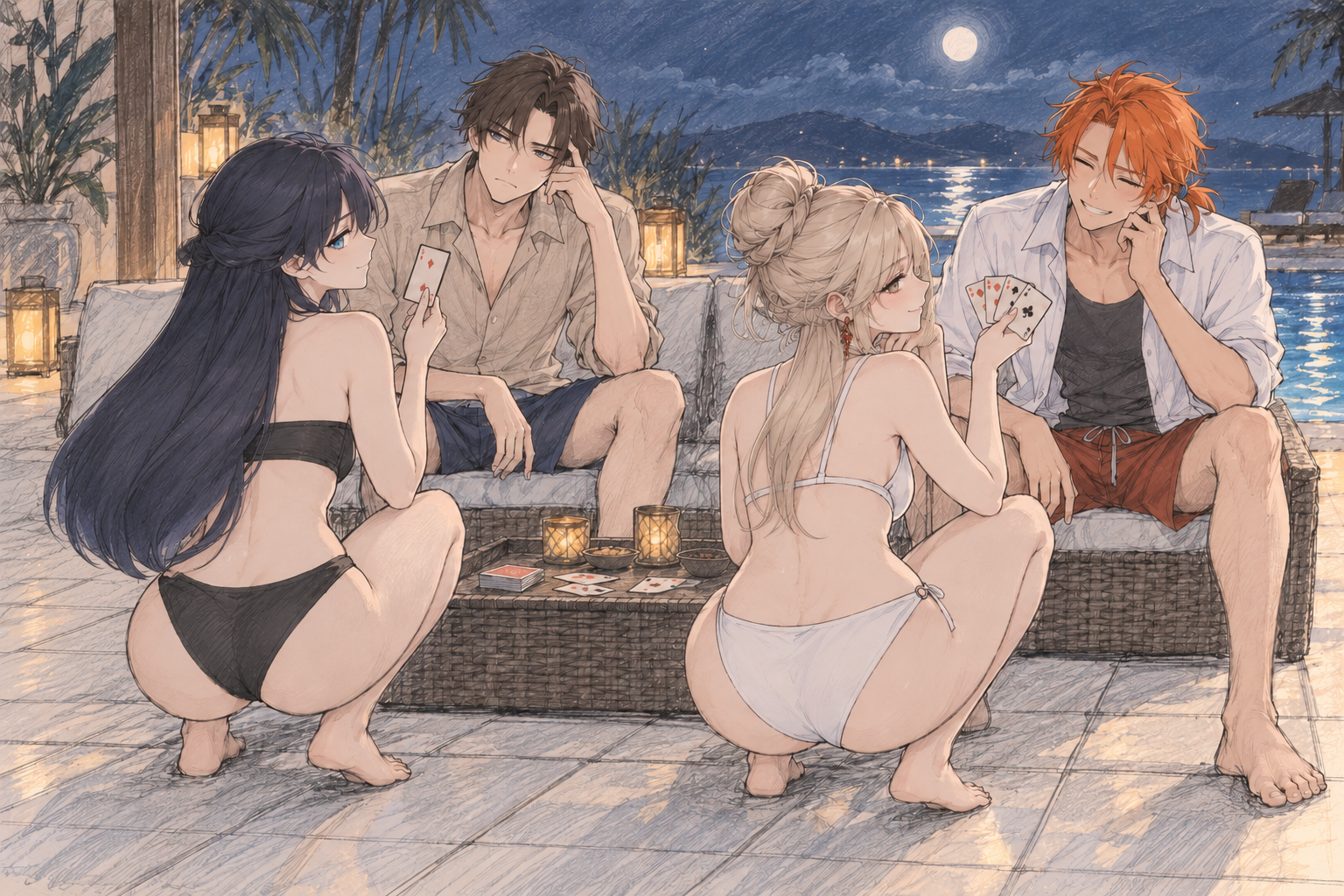 Lynleit, Kyrien, Sherie and Felix posing around a card table on a moonlit terrace.