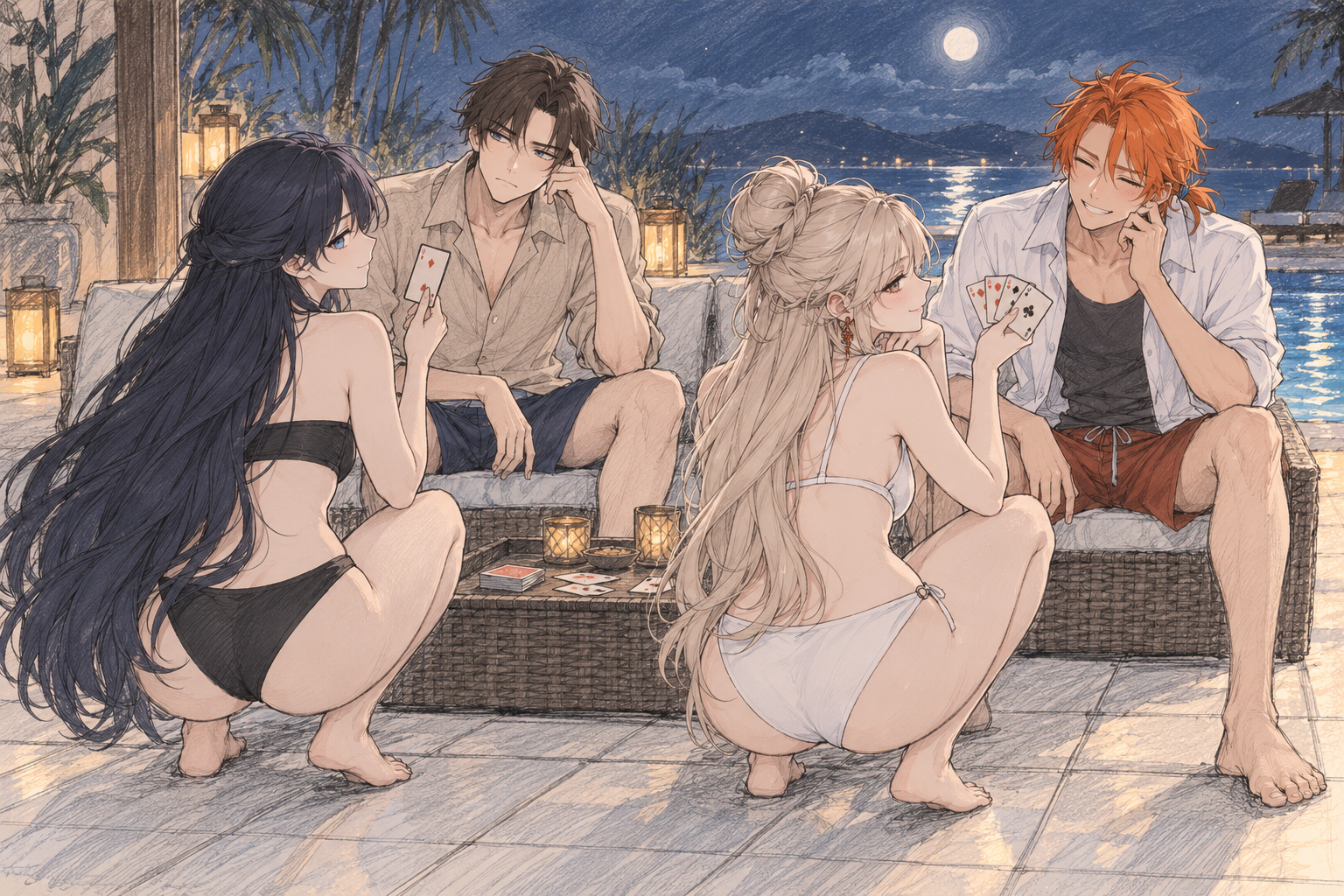 Lynleit, Kyrien, Sherie and Felix posing around a card table on a moonlit terrace.