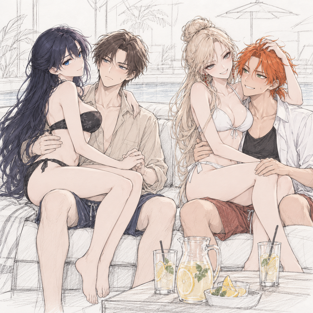 Lynleit and Sherie seated on Kyrien and Felix for a paired poolside pose, original study.