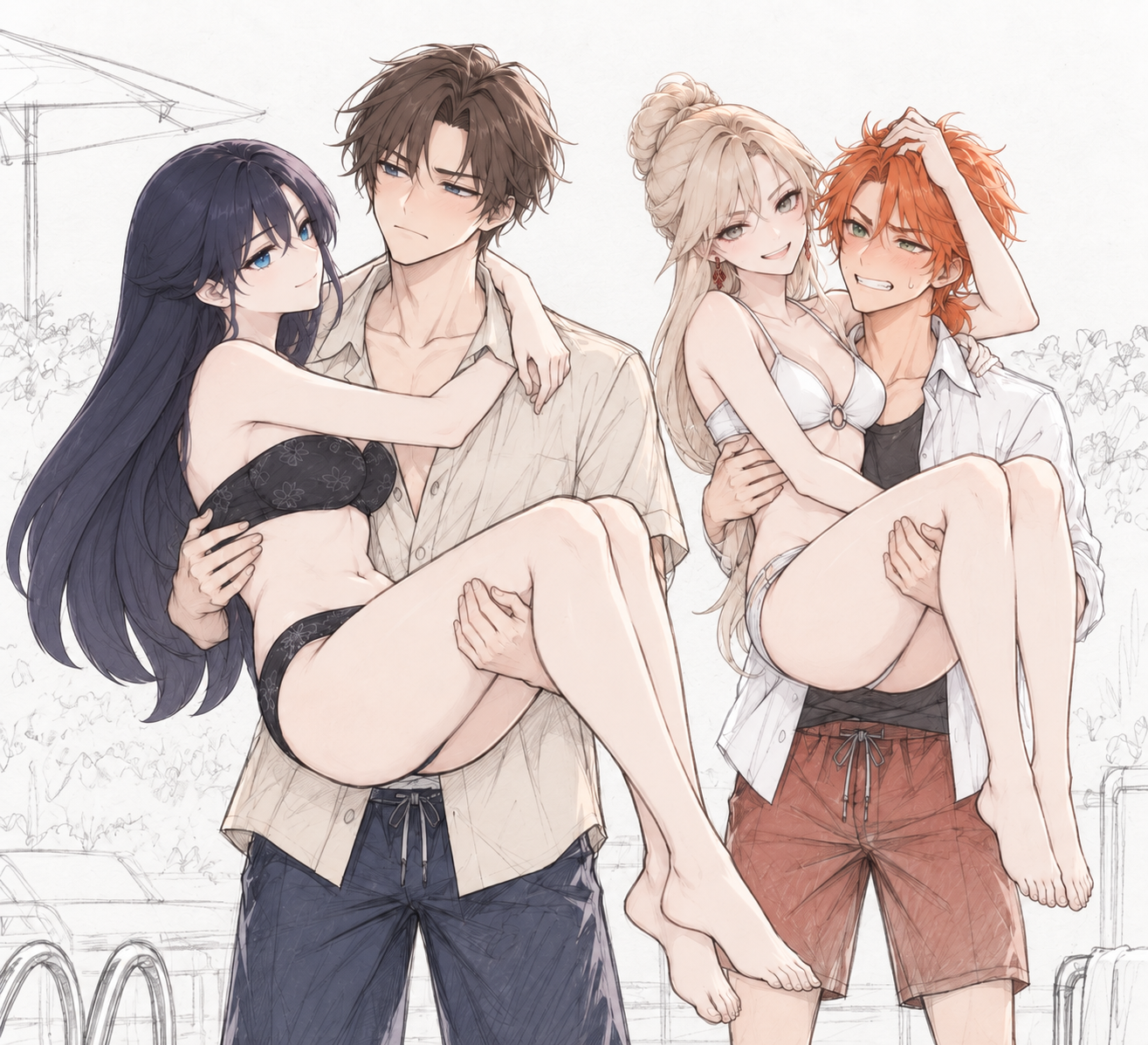 Kyrien carrying Lynleit and Felix carrying Sherie beside the pool.