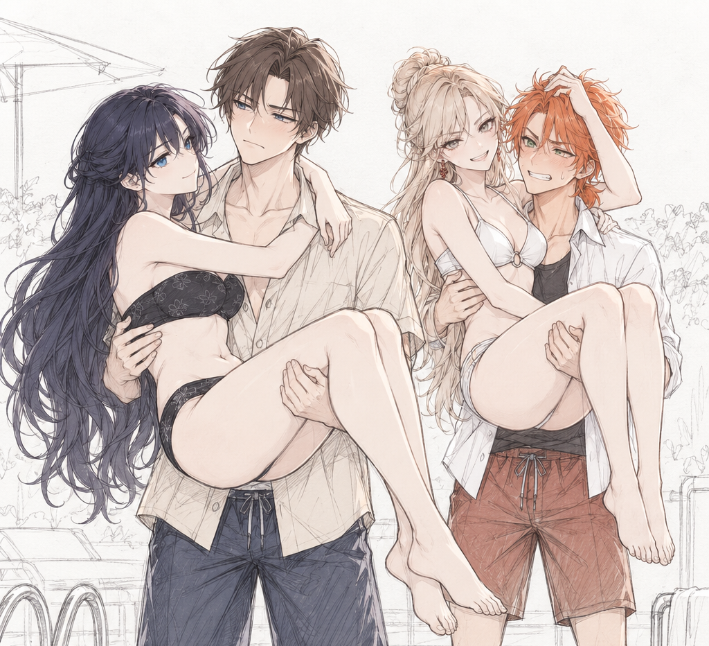 Kyrien carrying Lynleit and Felix carrying Sherie beside the pool.