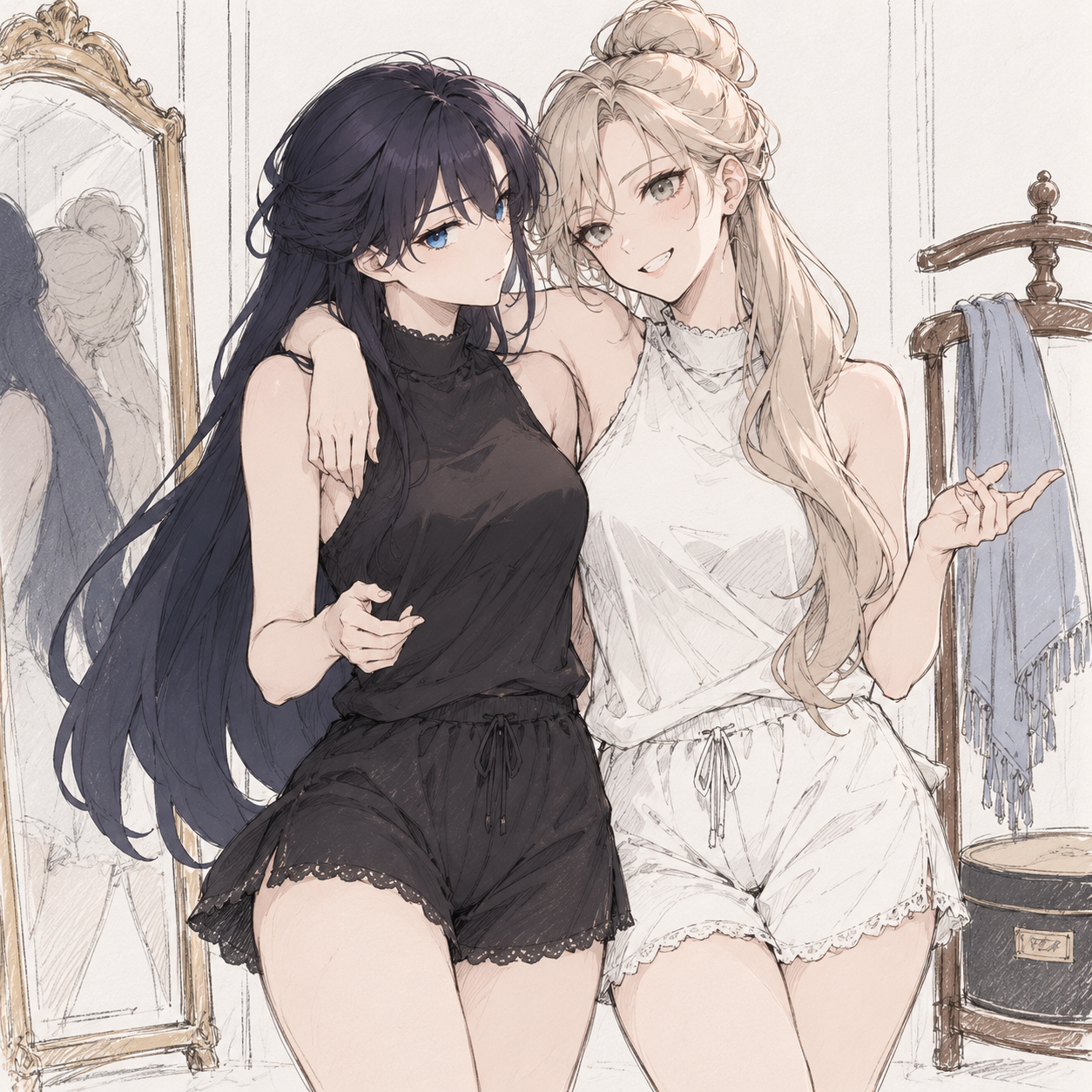 Lynleit and Sherie standing together beside a mirror in matching black and white sleepwear.
