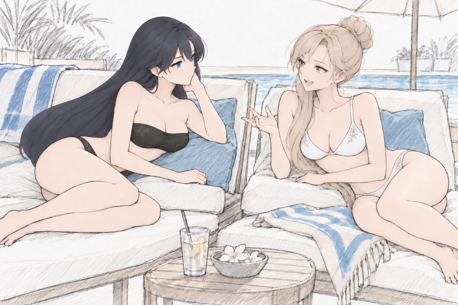 Lynleit and Sherie reclining on separate poolside loungers.