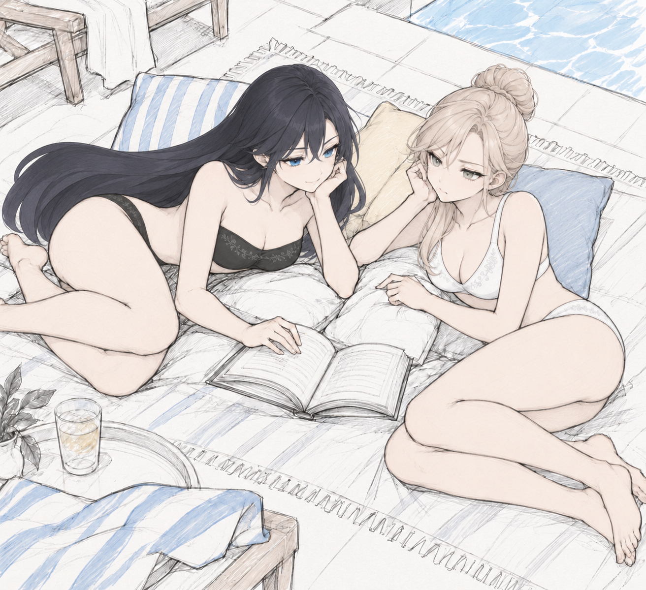 Lynleit and Sherie reclining on cushions with an open book beside the pool.
