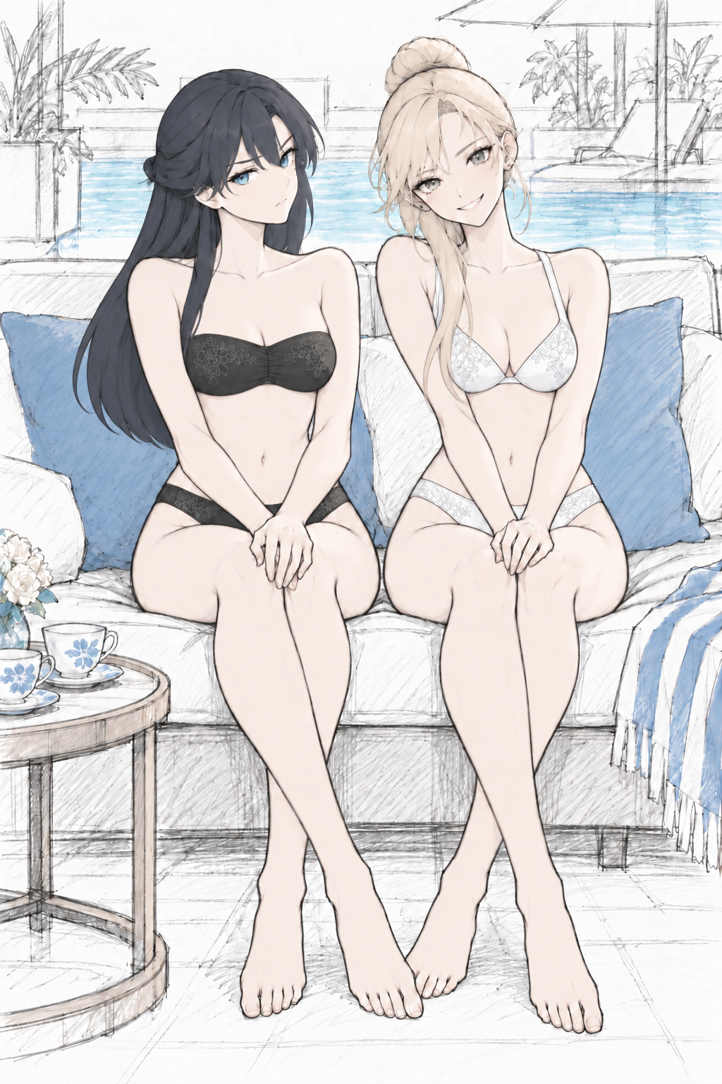 Lynleit and Sherie seated together in black and white swimwear beside a pool.