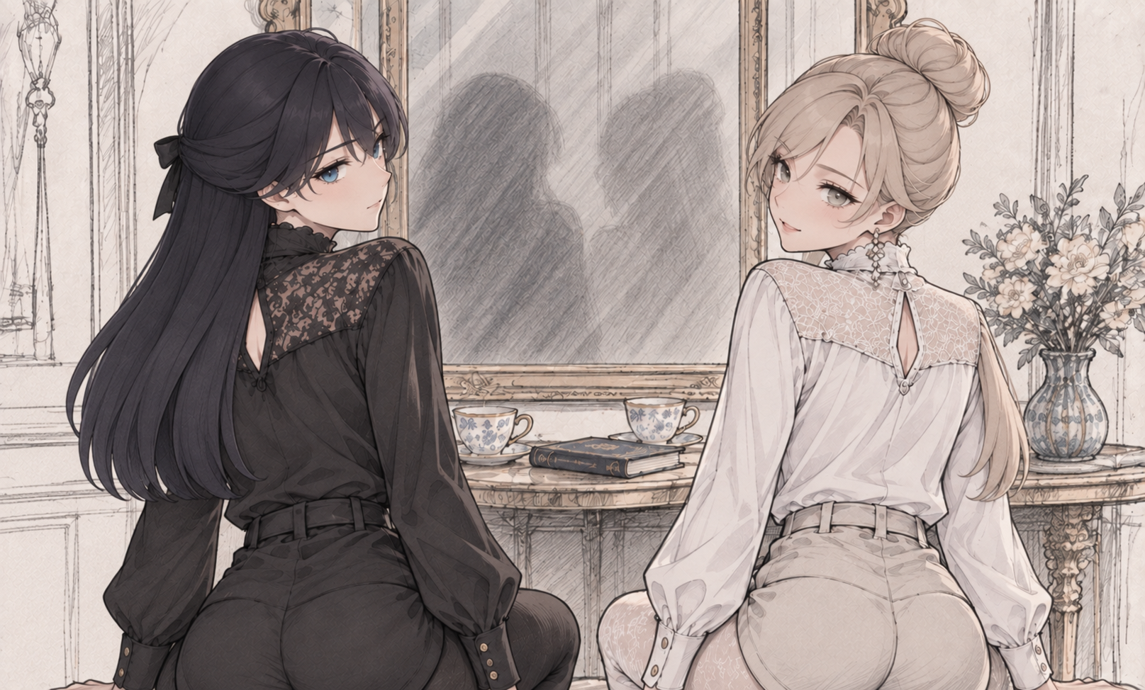 Lynleit and Sherie looking back while seated beside a tea table, wearing black and white lace-yoke blouses and tights.