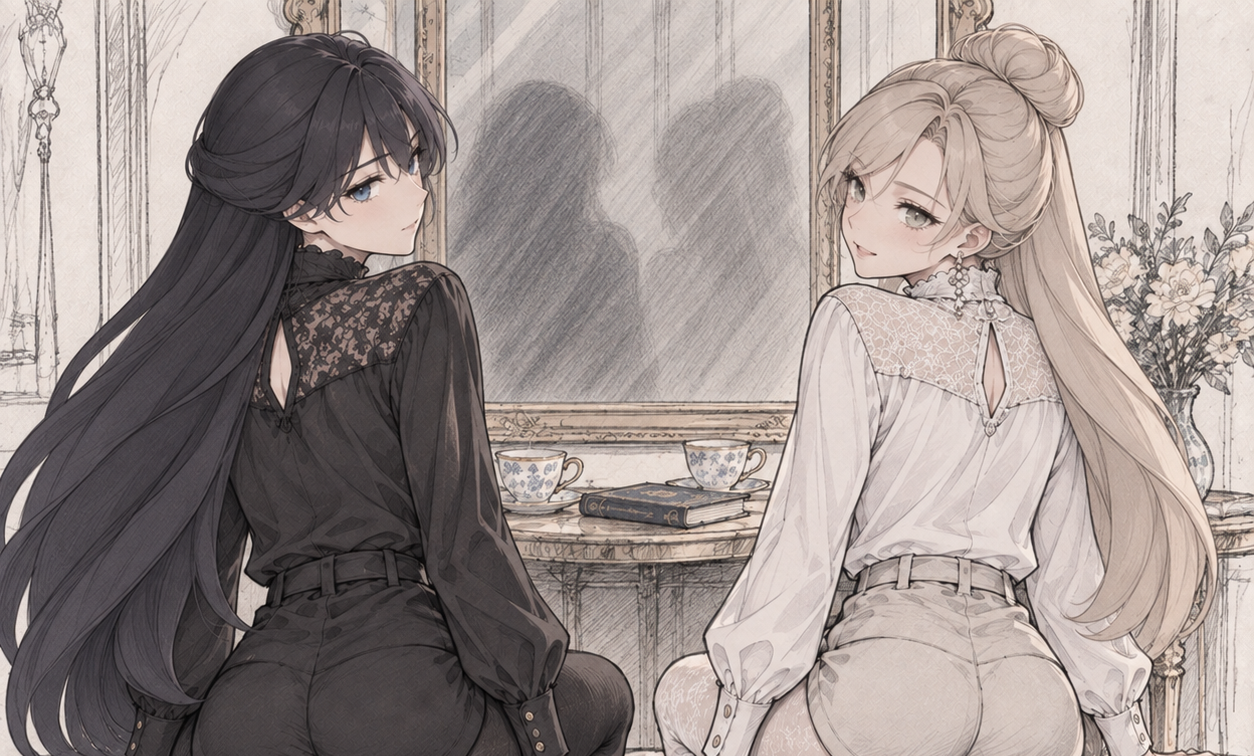Lynleit and Sherie looking back while seated beside a tea table, wearing black and white lace-yoke blouses and tights.