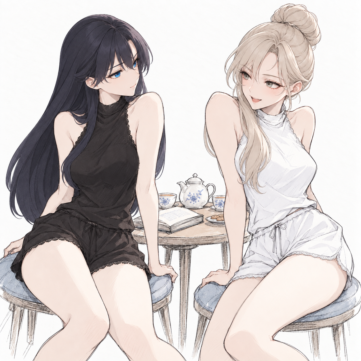 Lynleit and Sherie seated beside a tea table in black and white lace-trimmed sleepwear.