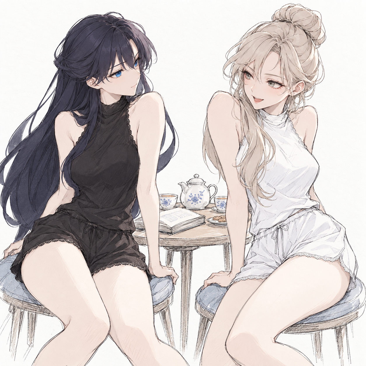 Lynleit and Sherie seated beside a tea table in black and white lace-trimmed sleepwear.