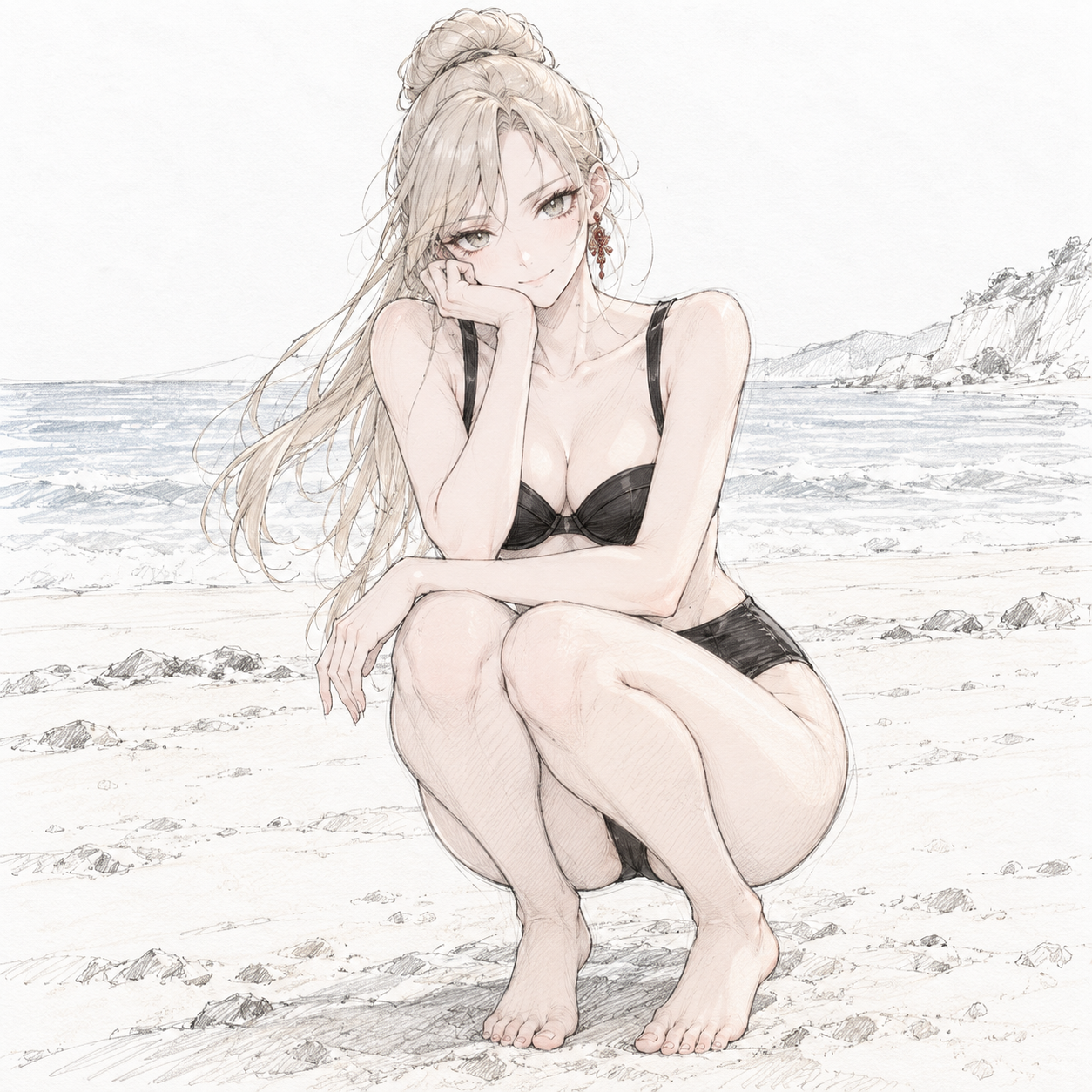 Colored pencil study of Sherie crouching on a beach in black swimwear, resting her chin on her hand.