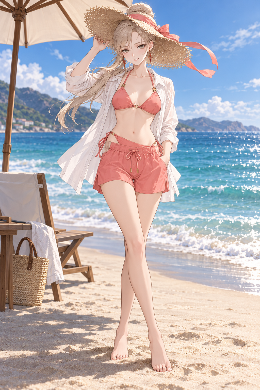 Sherie wears coral swimwear and shorts with a white shirt and ribboned straw hat by the sea.