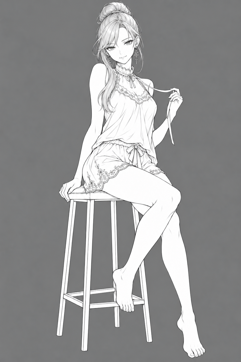 Pencil study of Sherie seated on a stool in lace-trimmed sleepwear, holding a ribbon.
