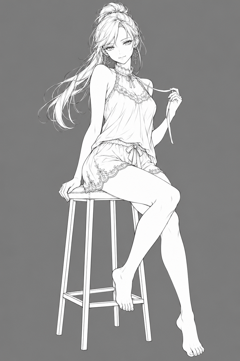 Pencil study of Sherie seated on a stool in lace-trimmed sleepwear, holding a ribbon.