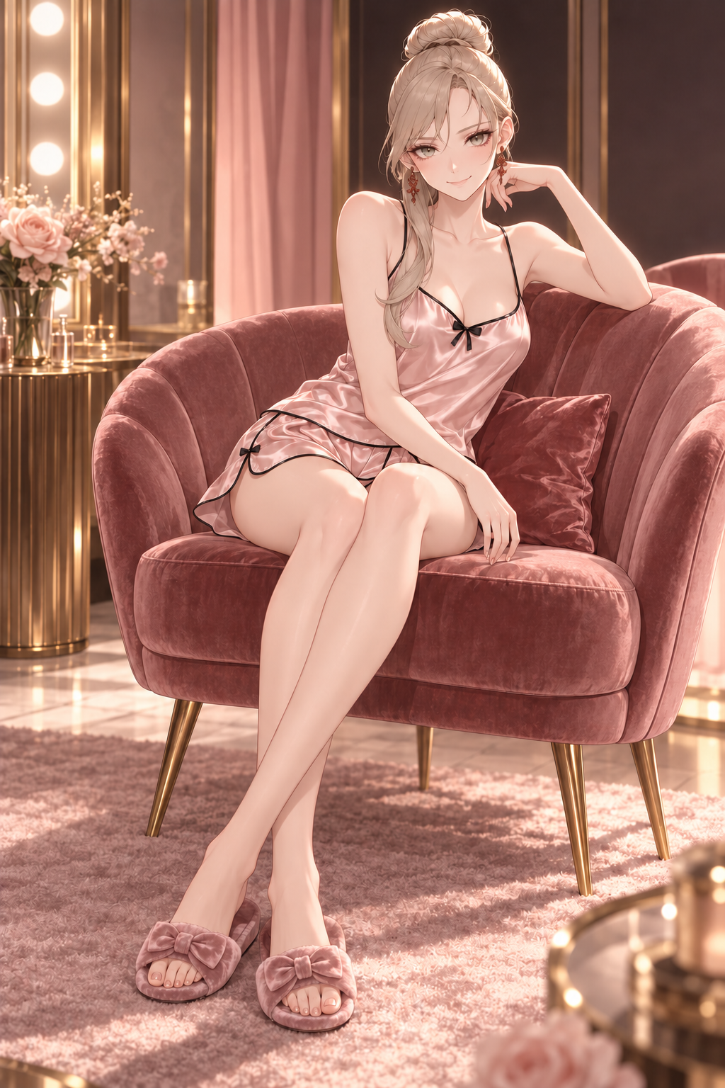Sherie sits in a rose armchair wearing pink satin sleepwear with black trim and bow slippers.