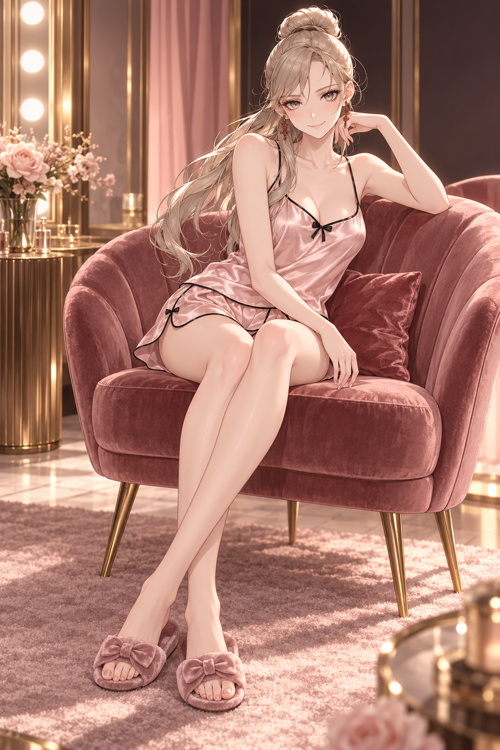 Sherie sits in a rose armchair wearing pink satin sleepwear with black trim and bow slippers.