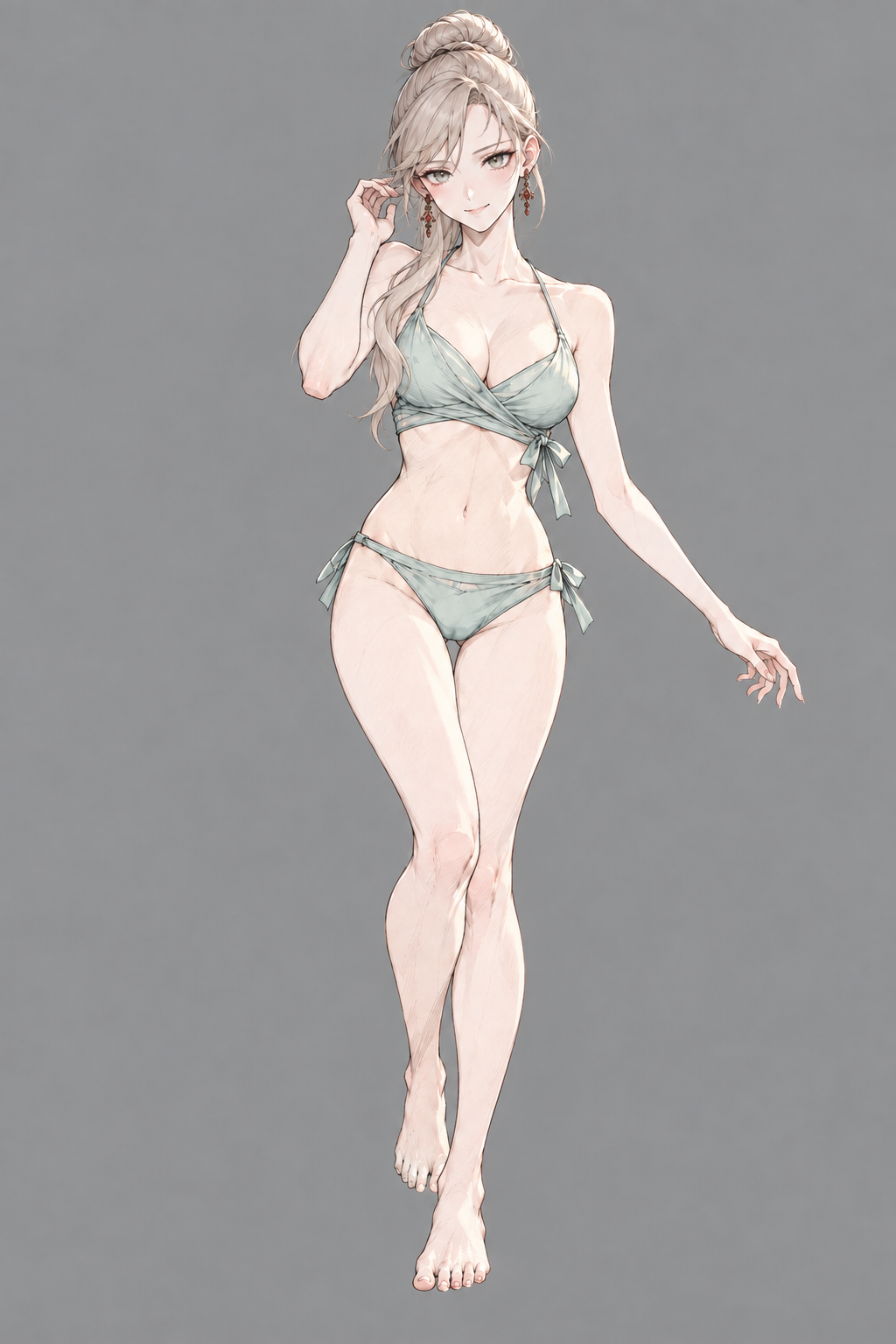 Sherie poses in sage-green wrap-front swimwear against a grey background.