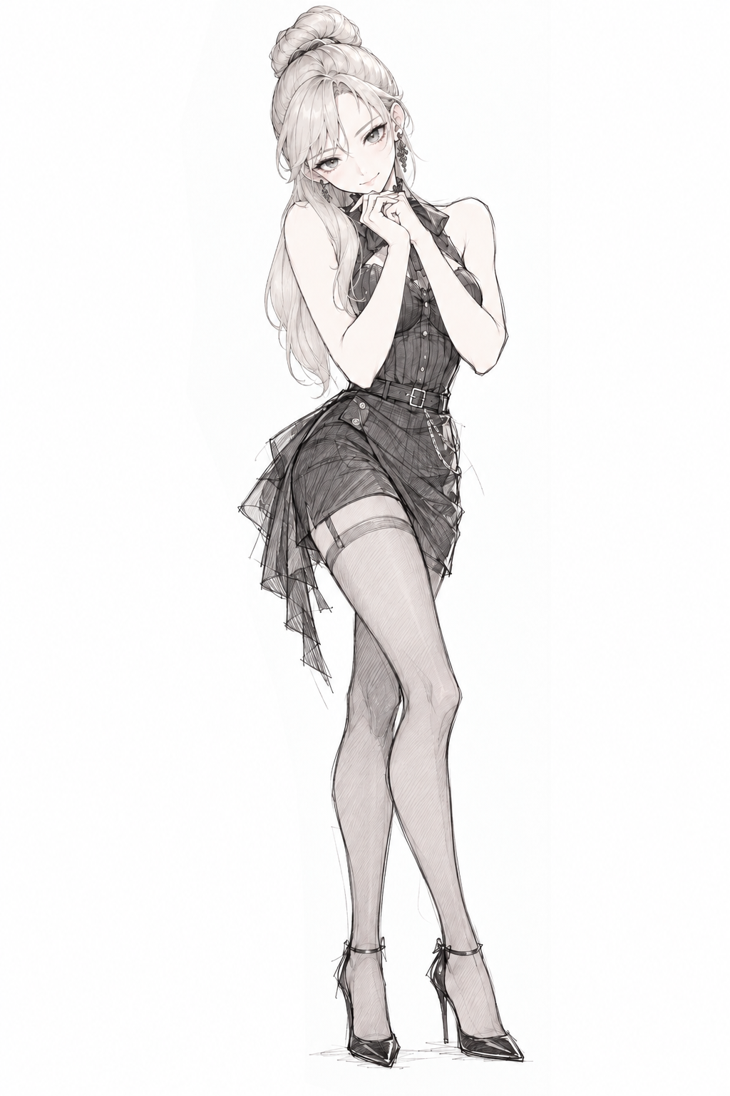 Pencil study of Sherie in a fitted sleeveless black outfit, short skirt, stockings and heels, with her hands near her chin.