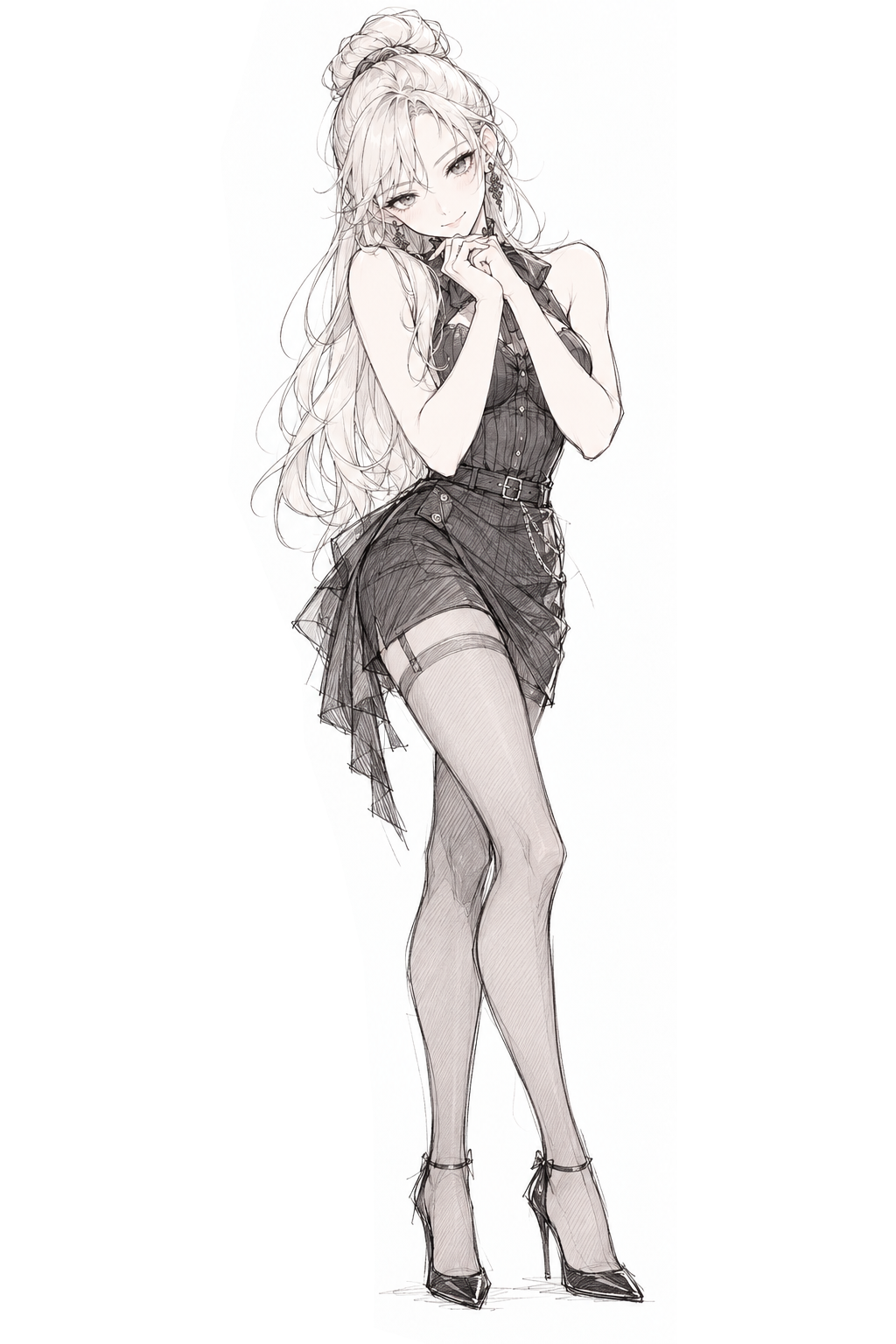 Pencil study of Sherie in a fitted sleeveless black outfit, short skirt, stockings and heels, with her hands near her chin.