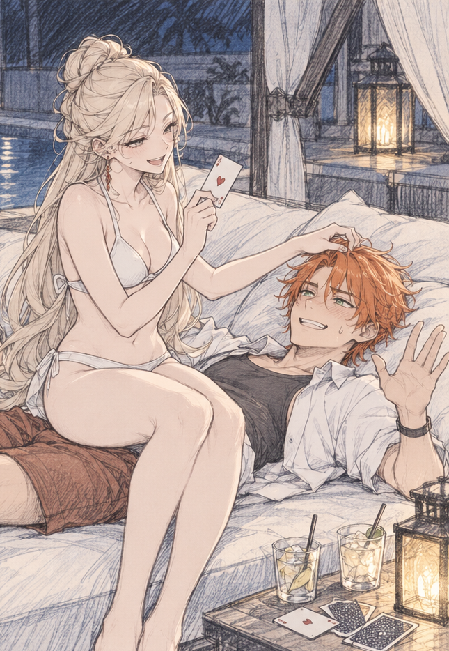 Sherie holding an ace while seated beside a reclining Felix on a moonlit lounge.