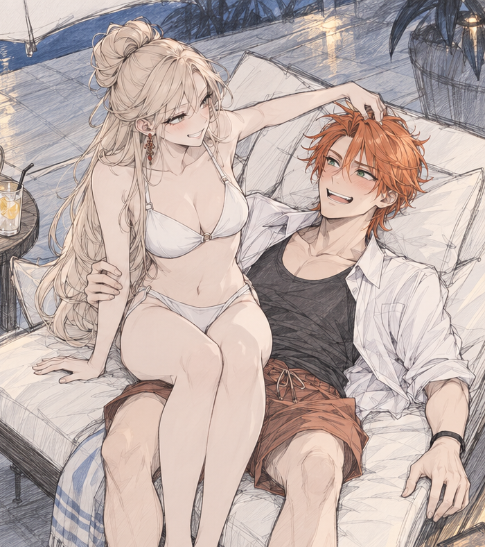 Sherie and Felix posing together on a cushioned lounge beside a lantern.