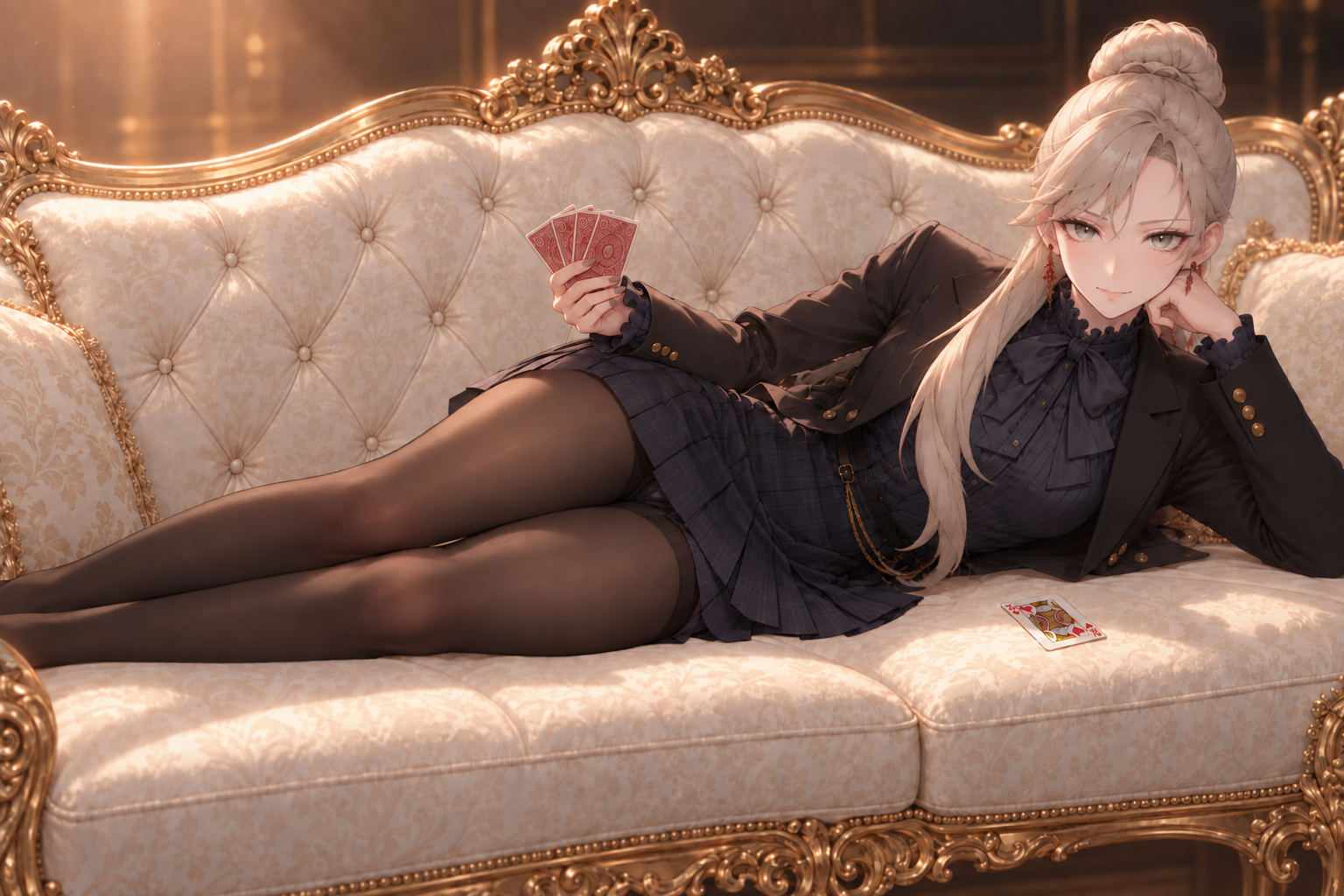 Sherie reclines on an ivory sofa with a carved gilt frame, holding red-backed playing cards and resting her cheek on one hand. She wears a dark blazer, ruffled blouse, pleated skirt and tights, with her ash-blonde hair in a bun and loose lengths.