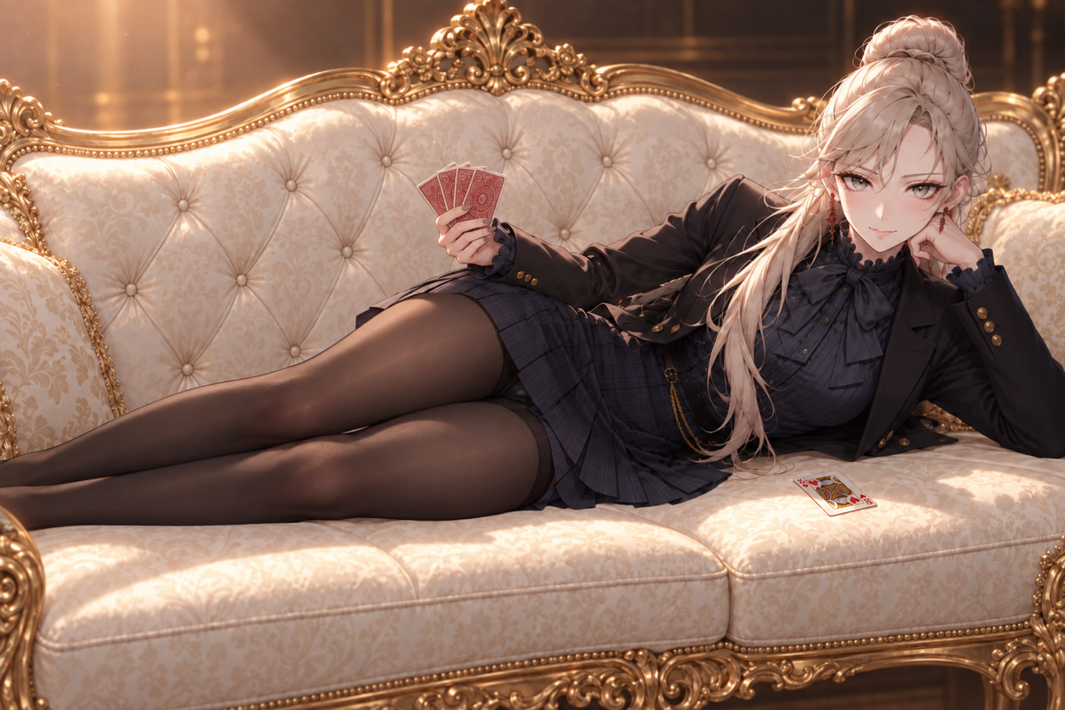 Sherie reclines on an ivory sofa with a carved gilt frame, holding red-backed playing cards and resting her cheek on one hand. She wears a dark blazer, ruffled blouse, pleated skirt and tights, with her ash-blonde hair in a bun and loose lengths.