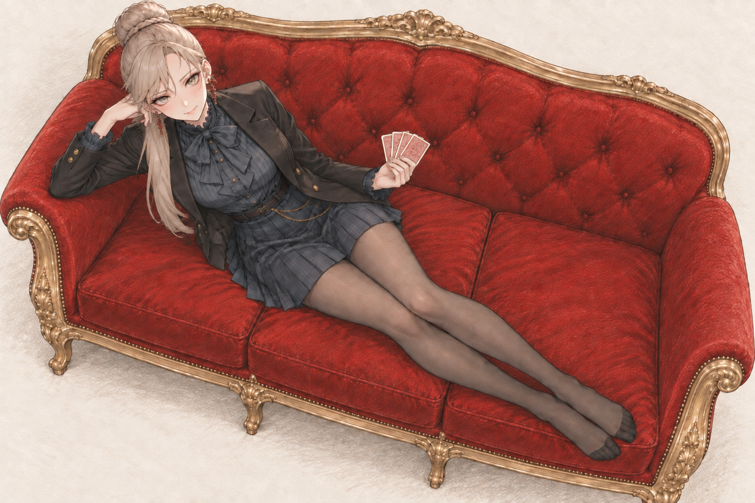 Sherie reclining on a red and gold sofa, with cards, composition 1.