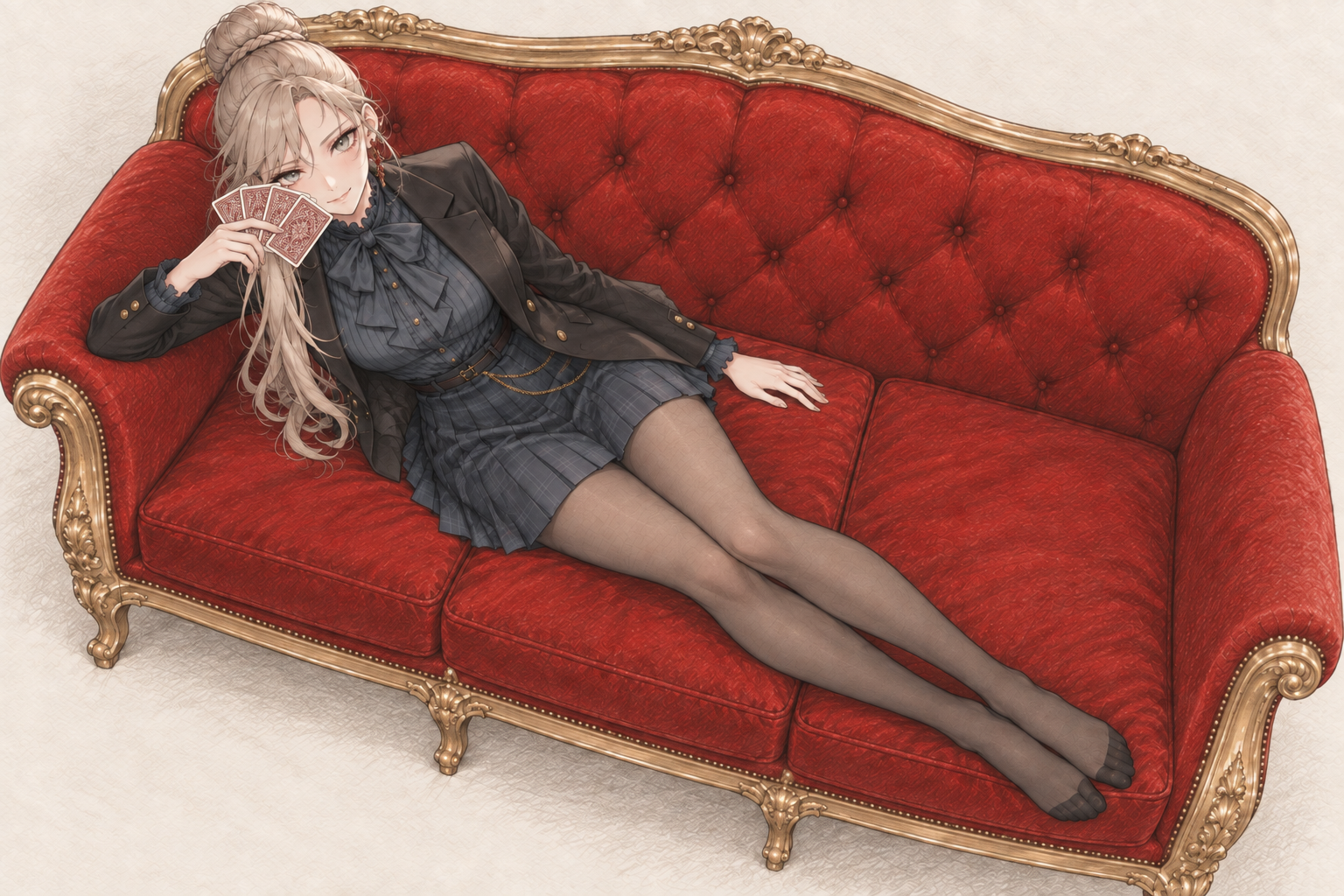 Sherie reclining on a red and gold sofa, with cards, composition 2.