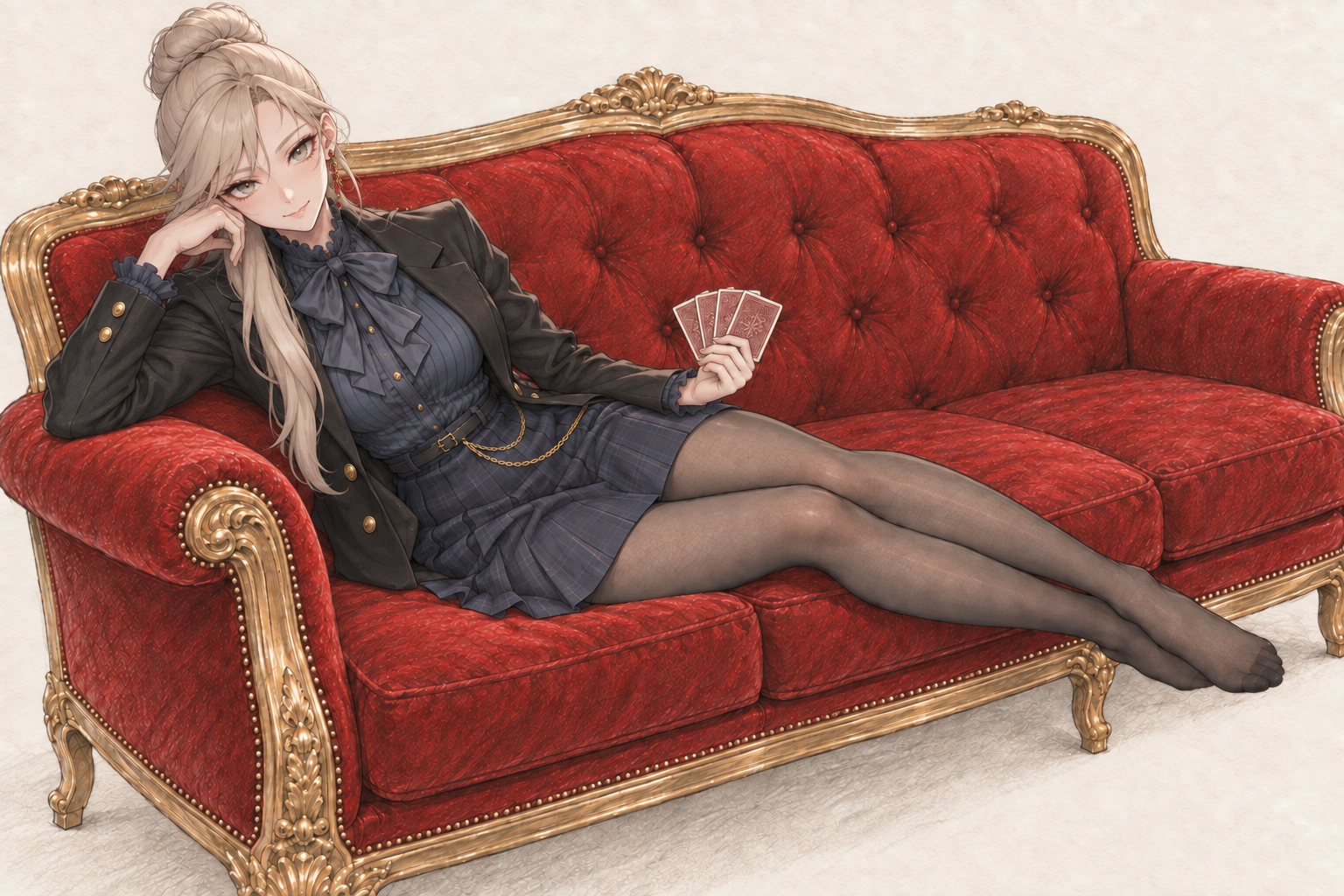Sherie reclining on a red and gold sofa, with cards, composition 3.
