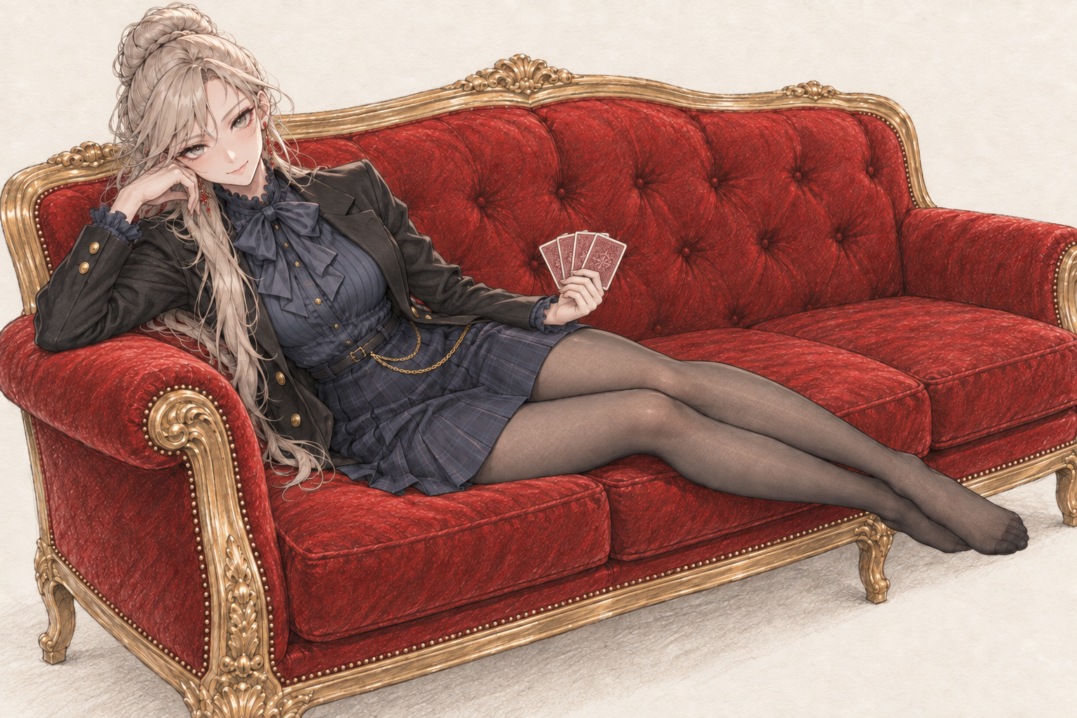 Sherie reclining on a red and gold sofa, with cards, composition 3.