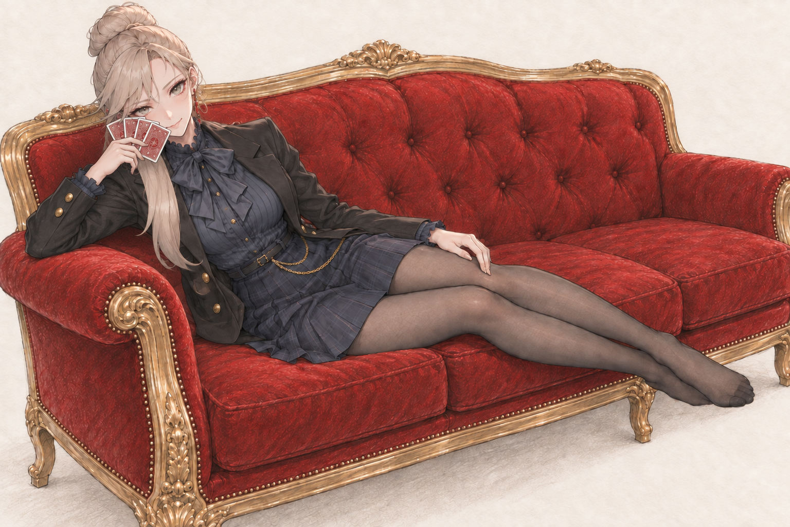 Sherie reclining on a red and gold sofa, with cards, composition 4.