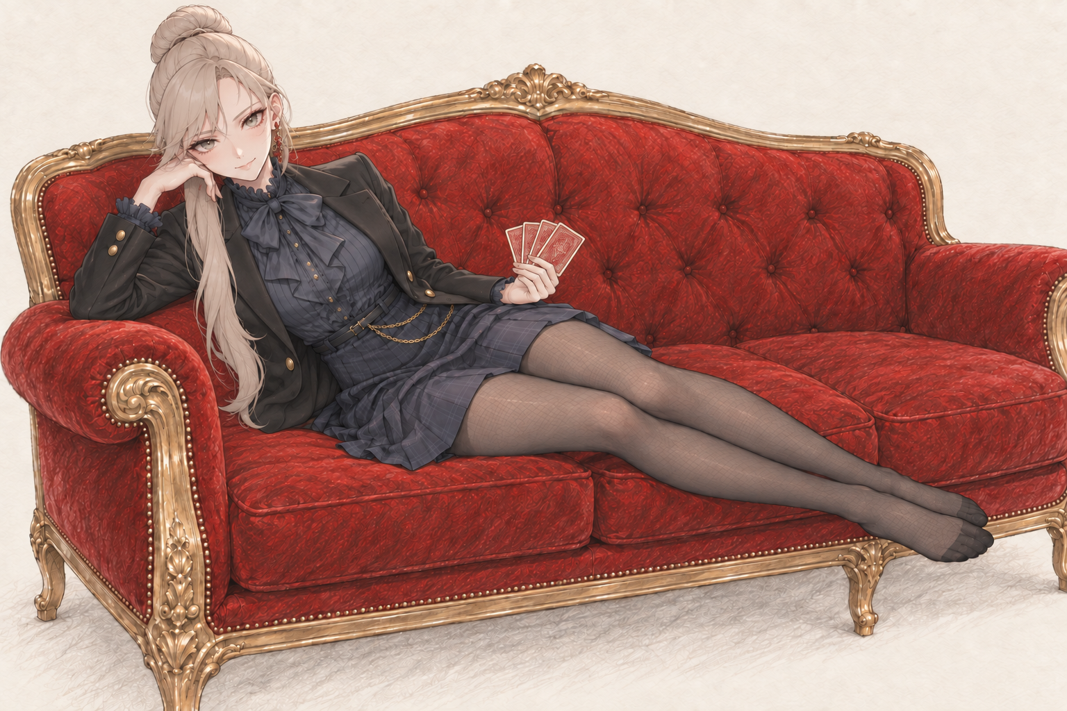 Sherie reclining on a red and gold sofa, with cards, composition 5.