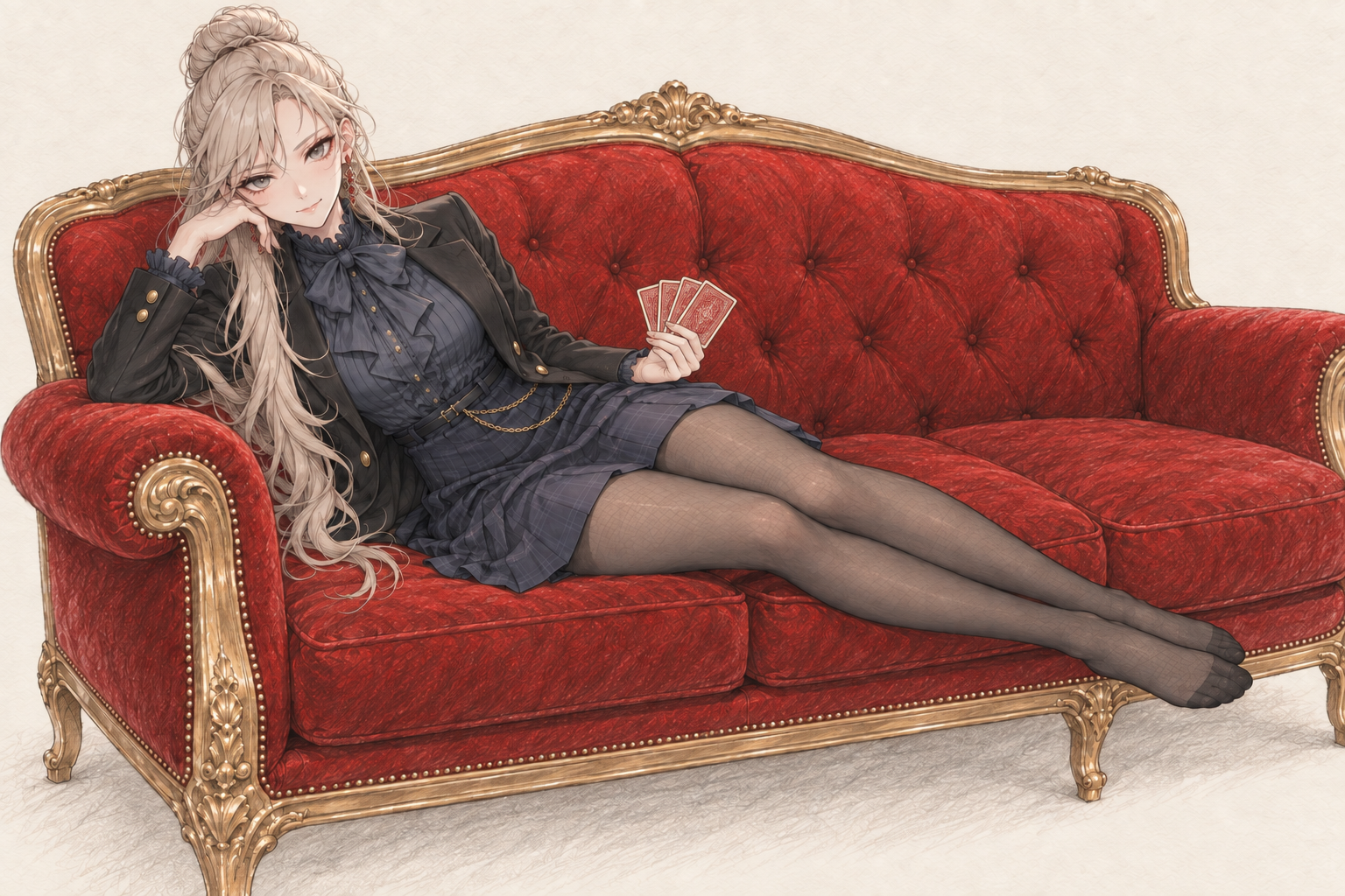 Sherie reclining on a red and gold sofa, with cards, composition 5.