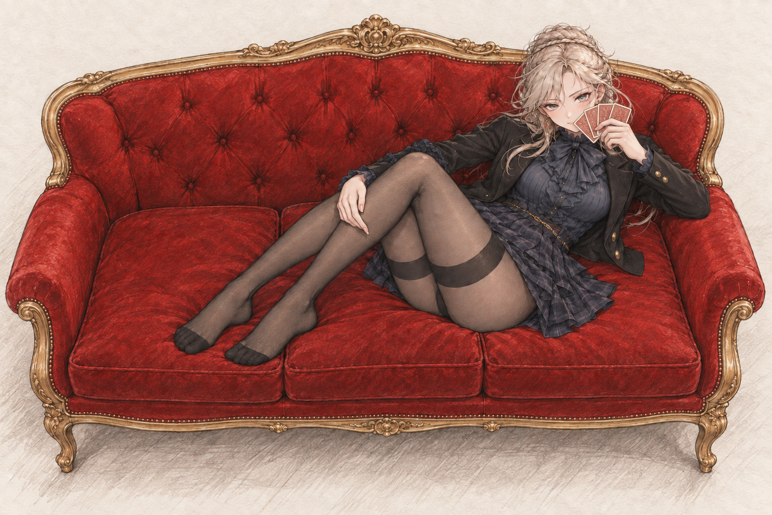 Sherie reclining on a red and gold sofa, with cards, composition 7.
