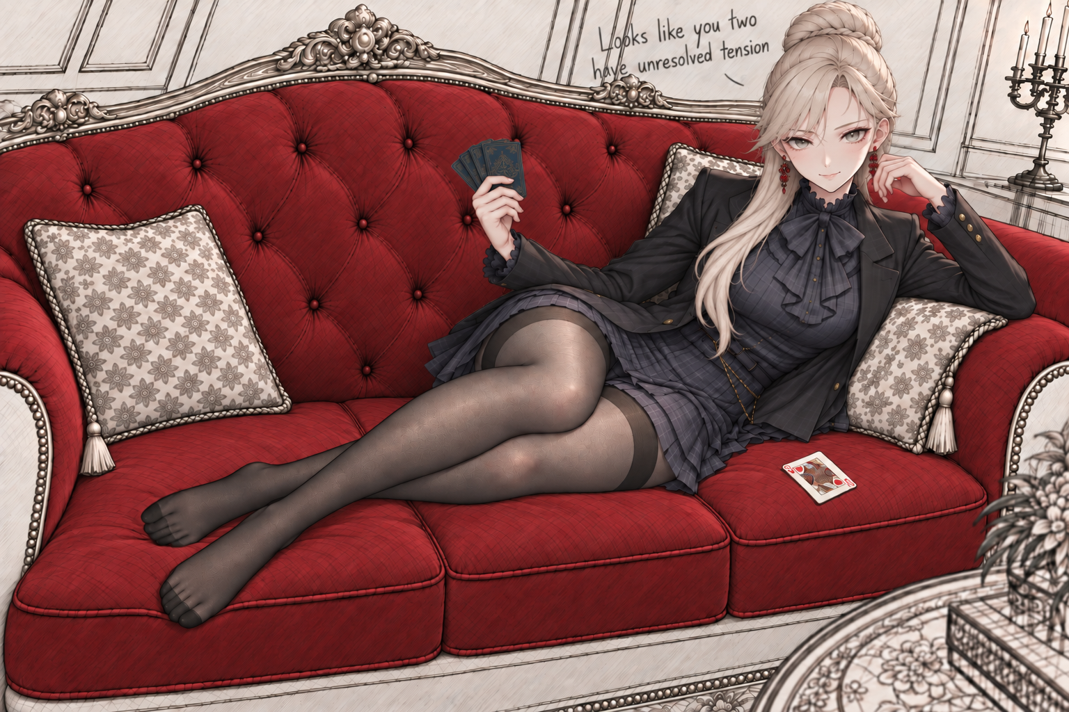 Sherie reclines on a red sofa with cards in one hand and the other against her face, saying, "Looks like you two have unresolved tension."