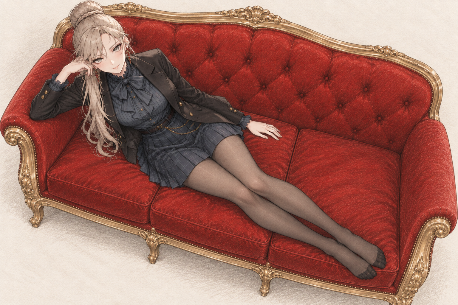 Sherie reclining on a red and gold sofa, without cards, composition 1.
