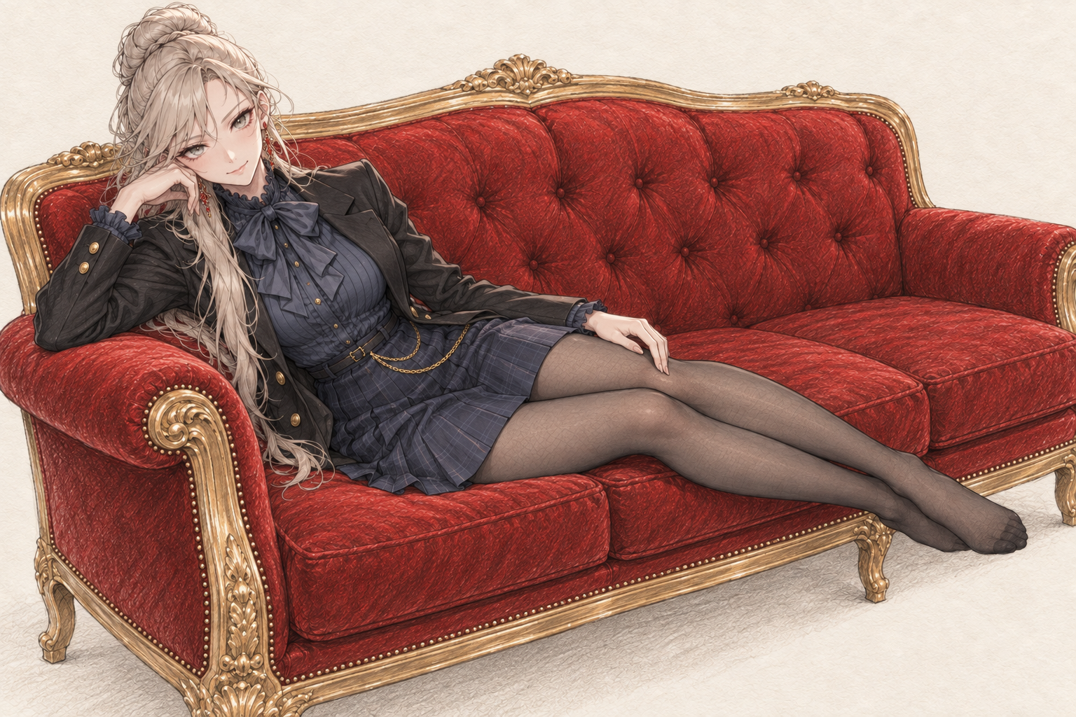 Sherie reclining on a red and gold sofa, without cards, composition 2.